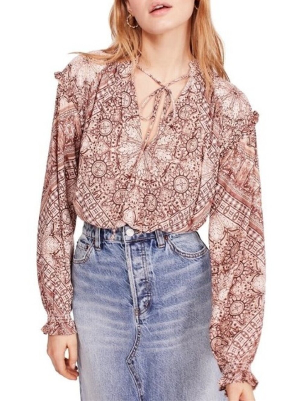 Free People Little Runaway Brown Printed Blouse Size XS